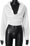 White Casual Solid Color Patchwork Ruched Deep V Neck Tops