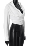 White Casual Solid Color Patchwork Ruched Deep V Neck Tops