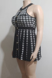 Black Sexy Plaid Buttons Patchwork Ruched O Neck A Line Dresses