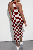 Blue Casual Daily Plaid Print Pocket Contrast V Neck Loose Jumpsuits