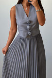Grey Elegant Flowers Patchwork Ruched V Neck Sleeveless Two Pieces