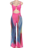 Rose Red Sexy Stripe Hollow Out Patchwork Backless Spaghetti Strap Regular Jumpsuits