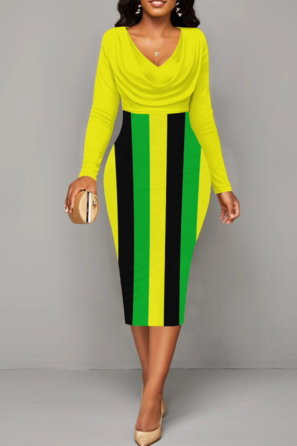 Yellow Sexy Stripe Patchwork Ruched Contrast V Neck Wrapped Skirt Dresses