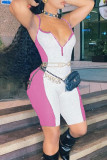 Pink Sexy Patchwork Backless Zipper Contrast Spaghetti Strap Skinny Rompers