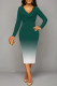 Green Elegant Gradient Print Contrast V Neck Printed Dresses