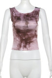 Purple Sexy Print Lace Patchwork Backless O Neck Tops