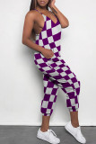 Blue Casual Daily Plaid Print Pocket Contrast V Neck Loose Jumpsuits