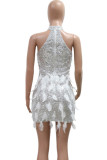 White Sexy Solid Color Patchwork See-Through Feathers Hot Drill Zipper O Neck Wrapped Skirt Dresses