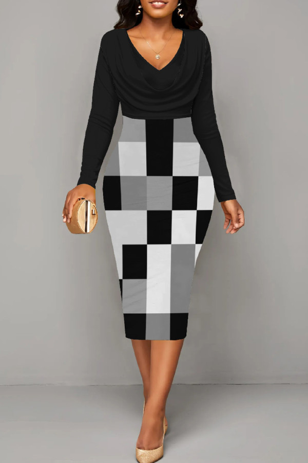 Black Sexy Plaid Patchwork Ruched V Neck Wrapped Skirt Dresses