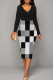 Black Sexy Plaid Patchwork Ruched V Neck Wrapped Skirt Dresses