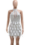 White Sexy Solid Color Patchwork See-Through Feathers Hot Drill Zipper O Neck Wrapped Skirt Dresses