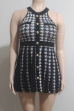 Black Sexy Plaid Buttons Patchwork Ruched O Neck A Line Dresses