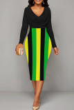 Yellow Sexy Stripe Patchwork Ruched Contrast V Neck Wrapped Skirt Dresses