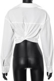 White Casual Solid Color Patchwork Ruched Deep V Neck Tops