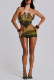 Green Sexy Hollow Out Patchwork Backless Halter Wrapped Skirt Dresses