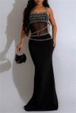 White Sexy Patchwork Backless Hot Drill Spaghetti Strap Long Dresses