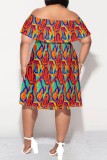 Light Color Casual Print Patchwork Off Shoulder Short Sleeve Plus Size Dresses