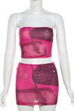 Pink Sexy Print Patchwork Backless Strapless Sleeveless Two Pieces