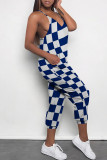 Blue Casual Daily Plaid Print Pocket Contrast V Neck Loose Jumpsuits