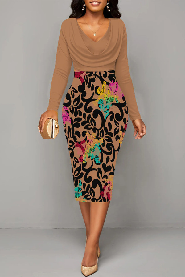 Brown Elegant Colorblock Print Contrast V Neck Printed Dresses
