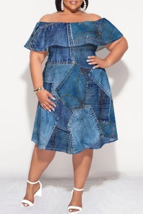 The cowboy blue Casual Print Patchwork Off Shoulder Short Sleeve Plus Size Dresses