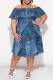 The cowboy blue Casual Print Patchwork Off Shoulder Short Sleeve Plus Size Dresses