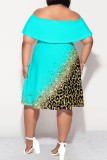 Light Color Casual Print Patchwork Off Shoulder Short Sleeve Plus Size Dresses