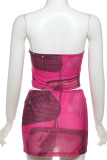 Pink Sexy Print Patchwork Backless Strapless Sleeveless Two Pieces