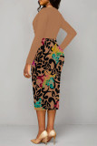 Blue Elegant Colorblock Print Contrast V Neck Printed Dresses