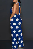 White Casual Street Ripple Print Lace Up Backless Halter Loose Jumpsuits