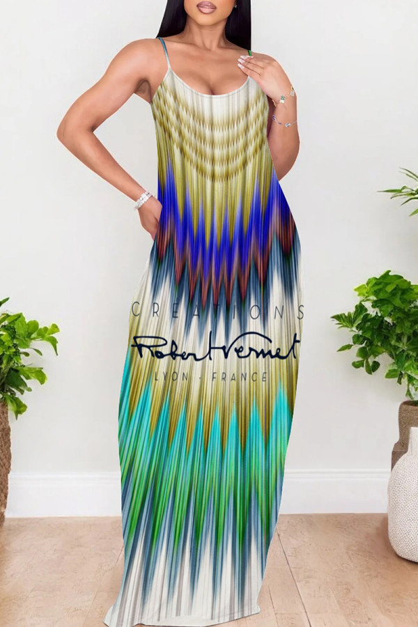 Turquoise Casual Tie Dye Patchwork Backless Spaghetti Strap Sling Dresses