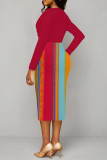 Blue Elegant Colorblock Print Contrast V Neck Printed Dresses