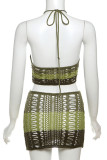 Green Sexy Hollow Out Patchwork Backless Halter Wrapped Skirt Dresses