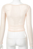 Apricot Sexy Solid Color Patchwork See-Through Ruched O Neck Tops
