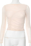 Apricot Sexy Solid Color Patchwork See-Through Ruched O Neck Tops
