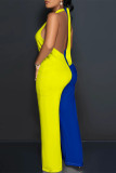 Blue Yellow Casual Solid Color Pocket Lace Up Backless Contrast Halter Loose Jumpsuits