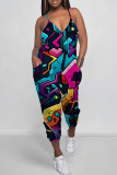 Multicolor Casual Print Patchwork Spaghetti Strap Regular Jumpsuits