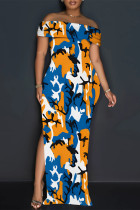Blue Sexy Colorblock Print Slit Contrast Off Shoulder Printed Dresses