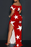 Red Elegant Geometric Print Patchwork Backless High Slit Off Shoulder Long Dresses