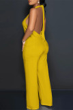 Burgundy Casual Solid Color Lace Up Backless Halter Loose Jumpsuits
