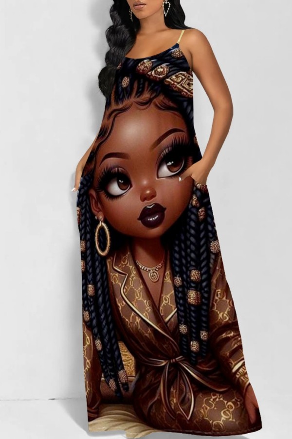 Black Brown Casual Figure Print Backless Spaghetti Strap Long Dresses