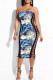 Blue Sexy Print Hollow Out Patchwork Cross Straps Strapless Wrapped Skirt Dresses