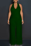 Burgundy Casual Solid Color Lace Up Backless Halter Loose Jumpsuits