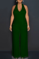 Green Casual Solid Color Lace Up Backless Halter Loose Jumpsuits