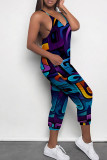 Multicolor Casual Print Patchwork Spaghetti Strap Regular Jumpsuits