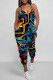Blue Casual Print Patchwork Spaghetti Strap Regular Jumpsuits