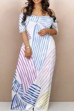 White Elegant Print Patchwork Backless Off Shoulder Long Dresses