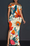 Apricot Elegant Print Patchwork Backless Off Shoulder Long Dresses