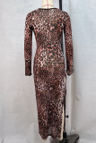 Dark Brown Sexy Leopard Print Patchwork See-Through High Slit O Neck Long Dresses