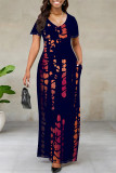 Navy Blue Casual Striped Print Pocket Contrast V Neck Printed Dresses